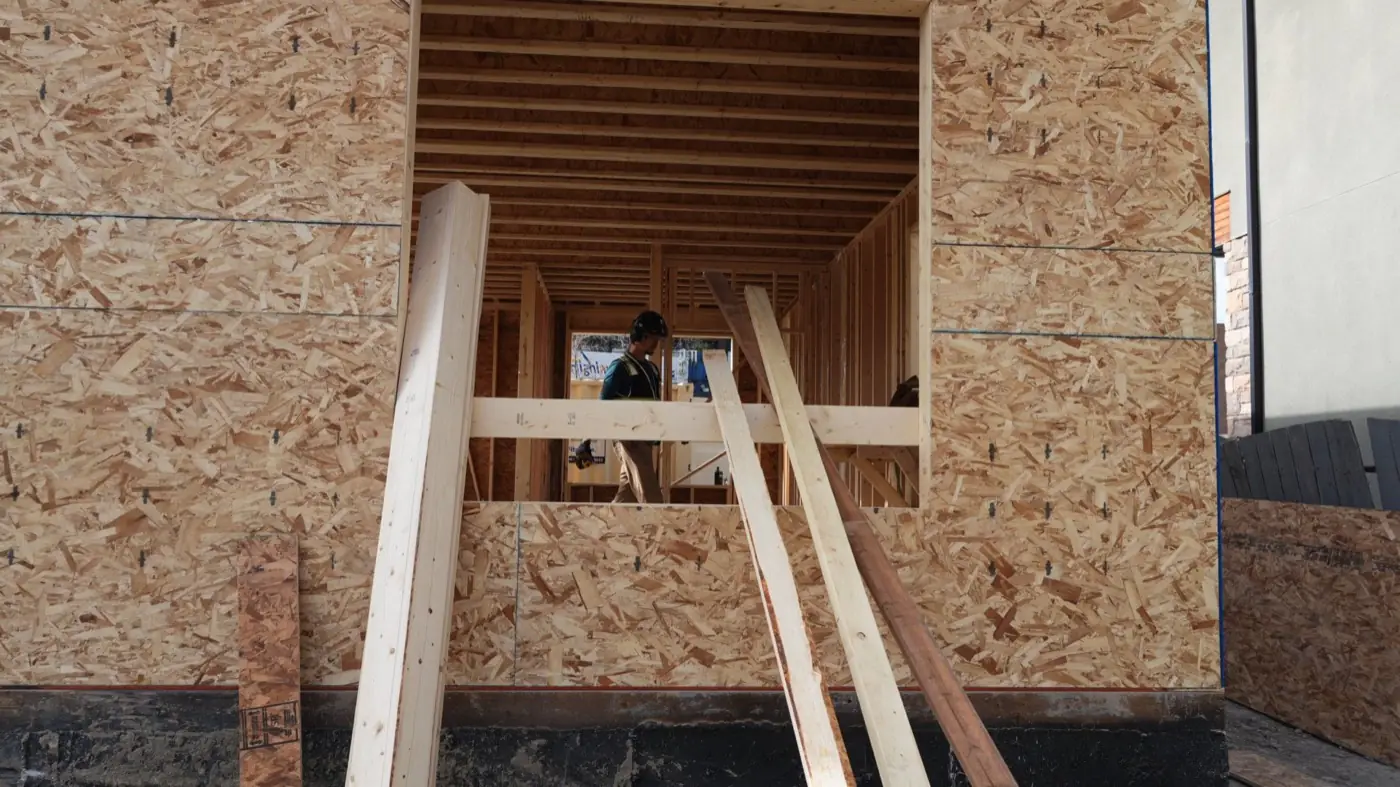 OSB sheathing on the exterior wall of a Calgary new build